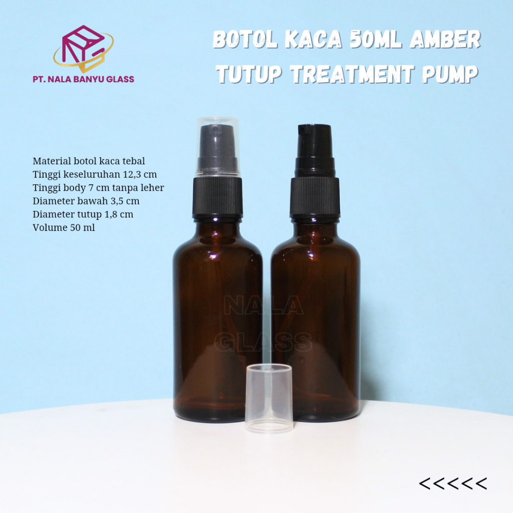 botol kaca 50ml pump / botol treatment pump 50ml kaca amber