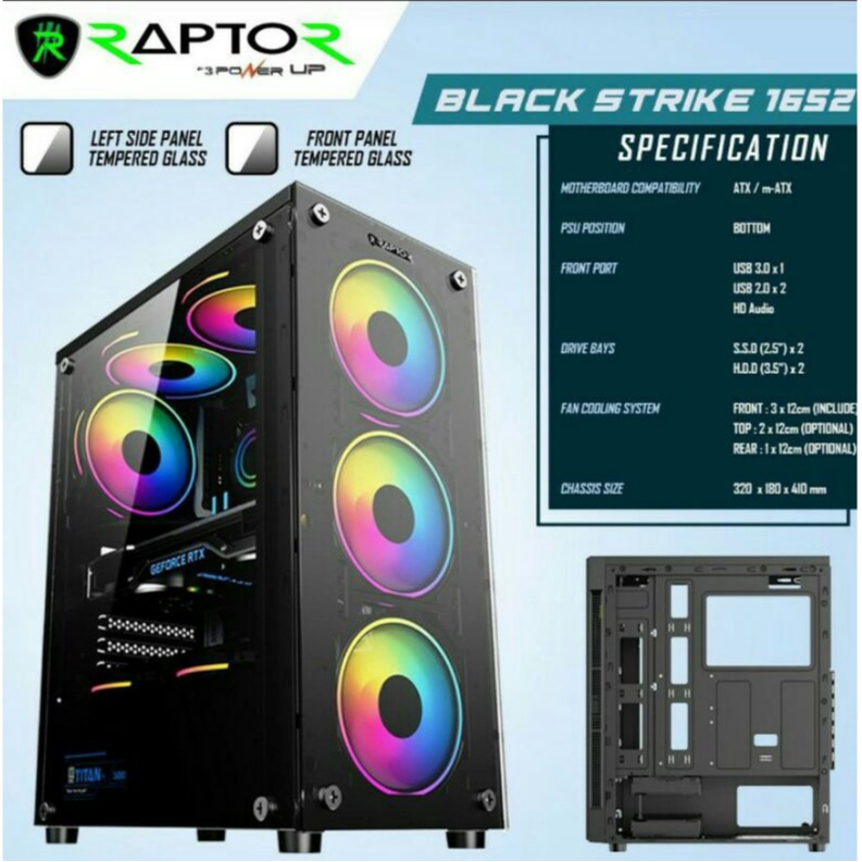 Casing PowerUp Gaming Raptor 1652 + 3 Fan black/Hitam