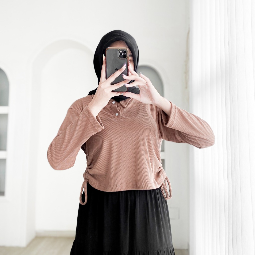 TOP RIB POLO SERUT - Atasan Wanita Serut Tali Blouse Rib Knit