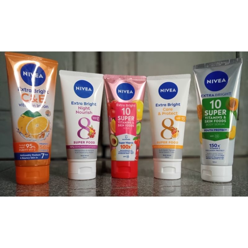 Nivea extra bright body serum 180ml 100% ORI care & protect night nourish super vitamin extra bright