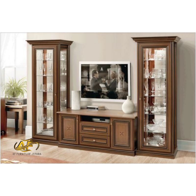 bufet tv ful kaca, bufet tv kayu jati TPK, bufet tv mewah