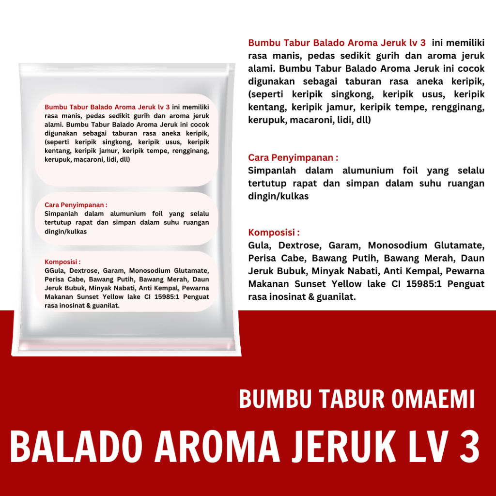 

BUMBU TABUR BALADO AROMA JERUK LV 3 KEMASAN 1 KG FOOD GRADE