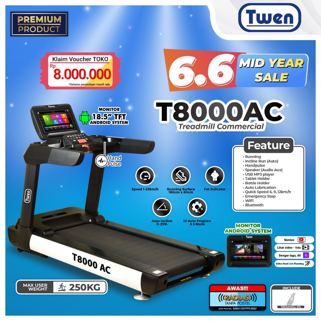 TWEN T8000AC Commercial Treadmill Komersial Treadmil Treadmill Elektrik Treadmill Listrik