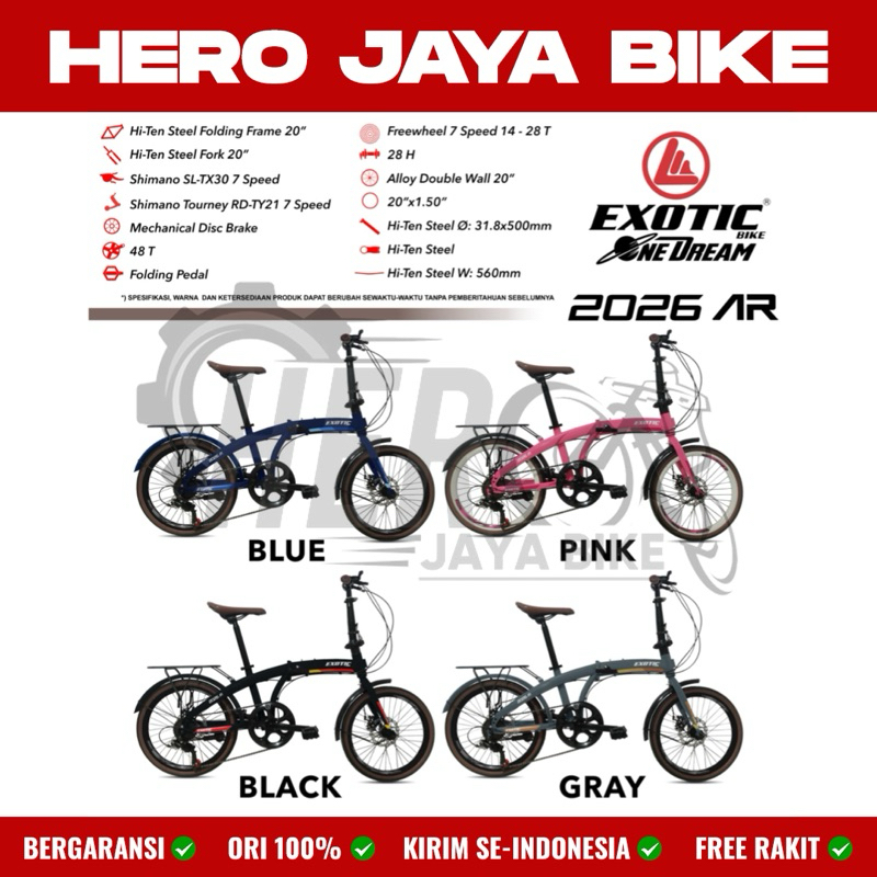 Sepeda Lipat EXOTIC 2026 AR BY PACIFIC Ukuran 20Inch 7 Speed Rem Cakram Boncengan Folding Bike