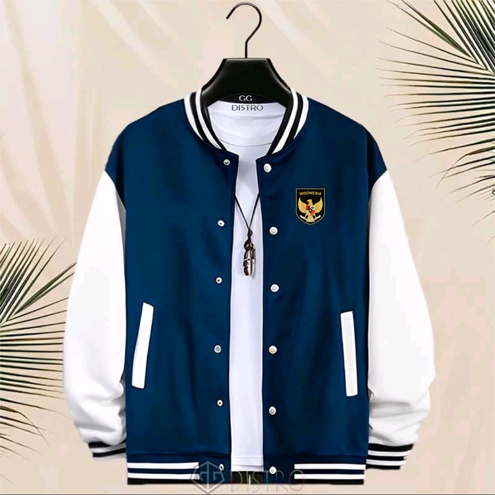 COD - Jacket Unisex Baseball Kancing Jacket Varsity Garuda 02 Navy Putih Baseball Pria Print