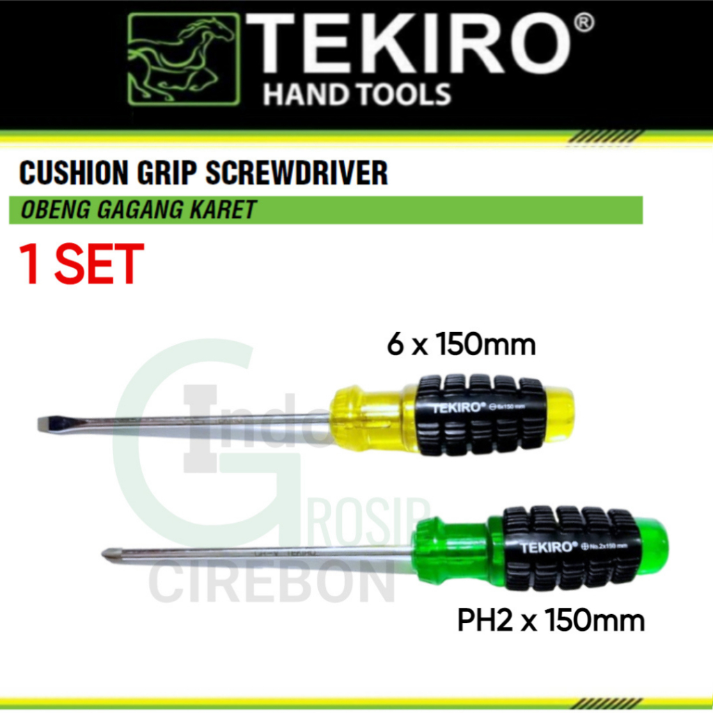 [ 1 SET ] TEKIRO Obeng Gagang Karet PH2 x 150mm Plus (+) Minus (-) 6 x 150 mm Hijau Kuning Panjang P