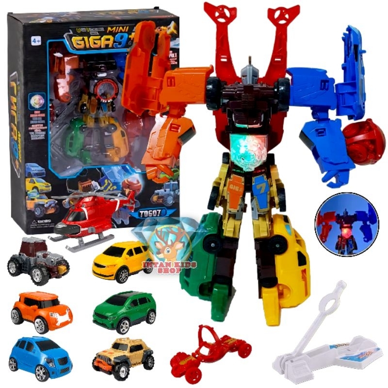 MAINAN ANAK 9 IN 1 TOBOT MINI GIGA 9+ ROBOT GABUNGAN 8 CARS 1 REACTING FURNACE COMBINE LAMPU E339-9C