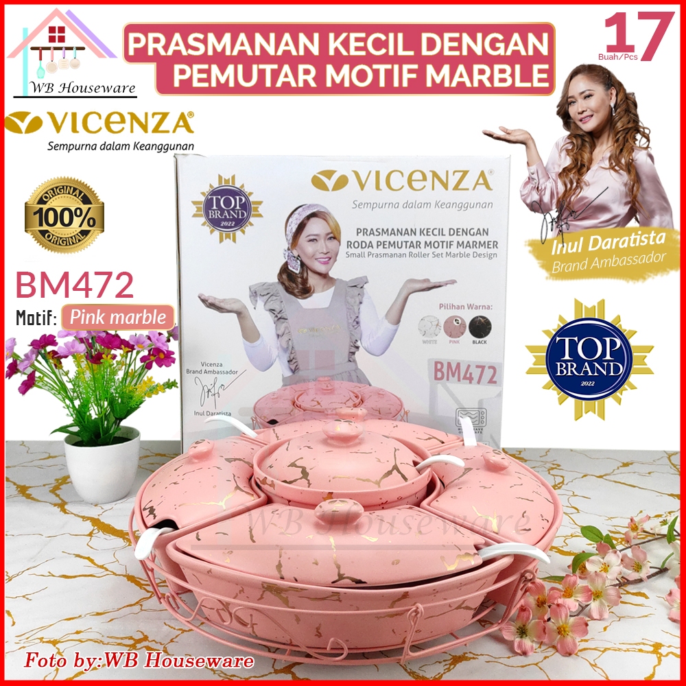 VICENZA 17pcs prasmanan set bulat motif pink marble / wadah saji putar keramik lengkap + sendok / ca