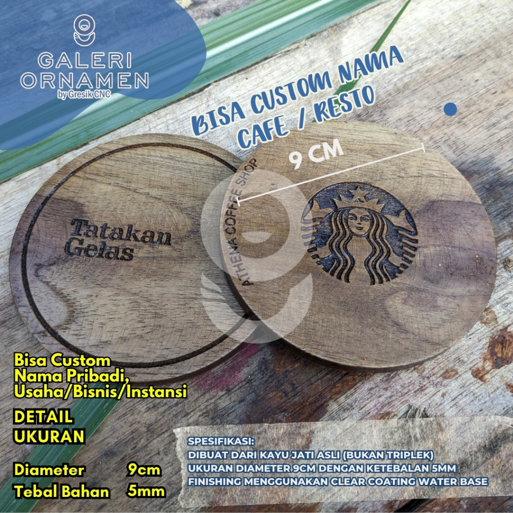 Tatakan Gelas Kayu Jati Free Grafir Laser Nama Cafe