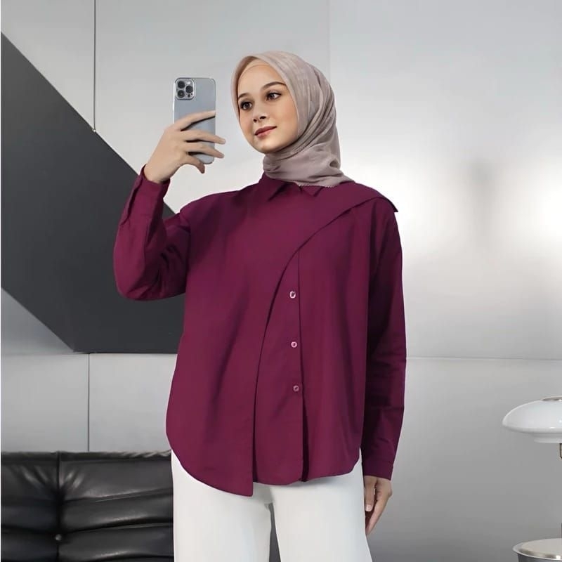 Atasan Wanita Kemeja Linen Hawa Shirt Premium Lengan Panjang Terbaru