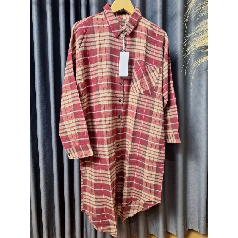 KEMEJA WANITA MODEL TUNIK //MERAH CREAM