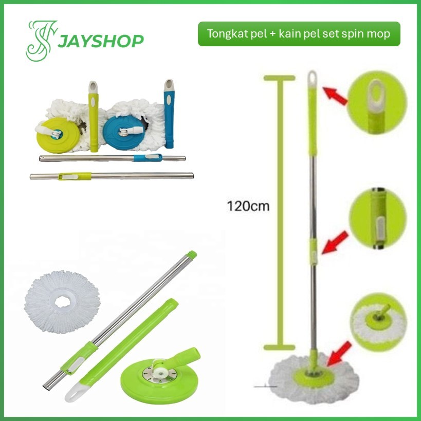 Tongkat Handle Pel + Kain Spin Mop Alat Pel Lantai Set Mop Kain Refill Spin Mop