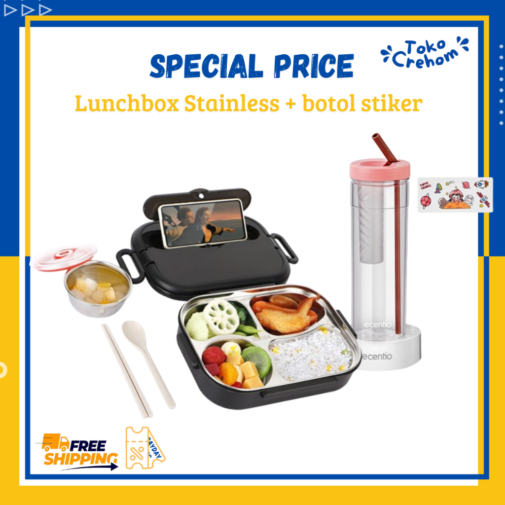 [Pre Order] [Spesial Promo] BUY 1 GET 1Lunch Box Stainless Ecentio 4 Sekat 1000ml Tempat Bekal Makan
