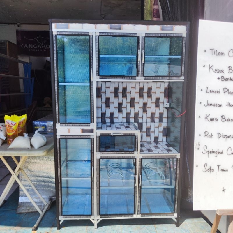 Rak Piring 3 Pintu Aluminium - Lemari Sayur 3pintu Kaca Motif - Medan - Lemari Piring Murah