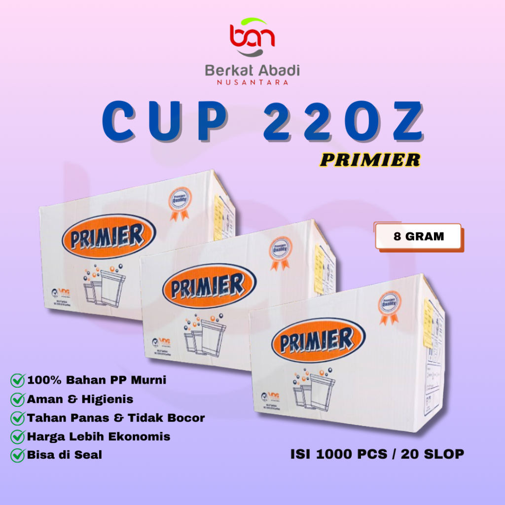 

DUS/ GELAS PLASTIK CUP MERK PRIMIER DATAR 8GR / ES TEH JUMBO 22OZ / ISI 50PCS PER SLOP