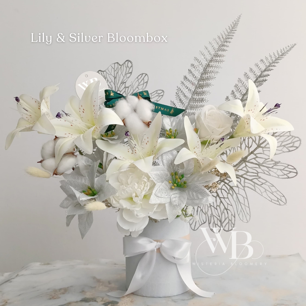 lily & silver bloombox / bunga lily / lily bloombox / bunga ruang tamu / bunga meja makan / bunga pe