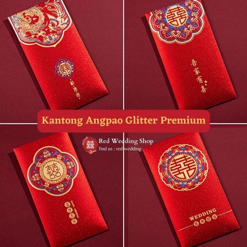 

Kantong Amplop Angpao Wedding PREMIUM GLITTER Logo Xi Merah Design Aesthetic Mewah Angpau