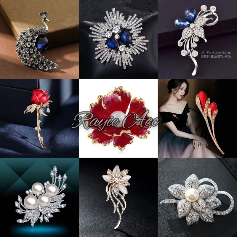 Rayie Acc - Bros Premium Fashion Korea Mewah dan Elegant Brooch  Bunga Mawar, Merak/ Bros Hijab/Gami
