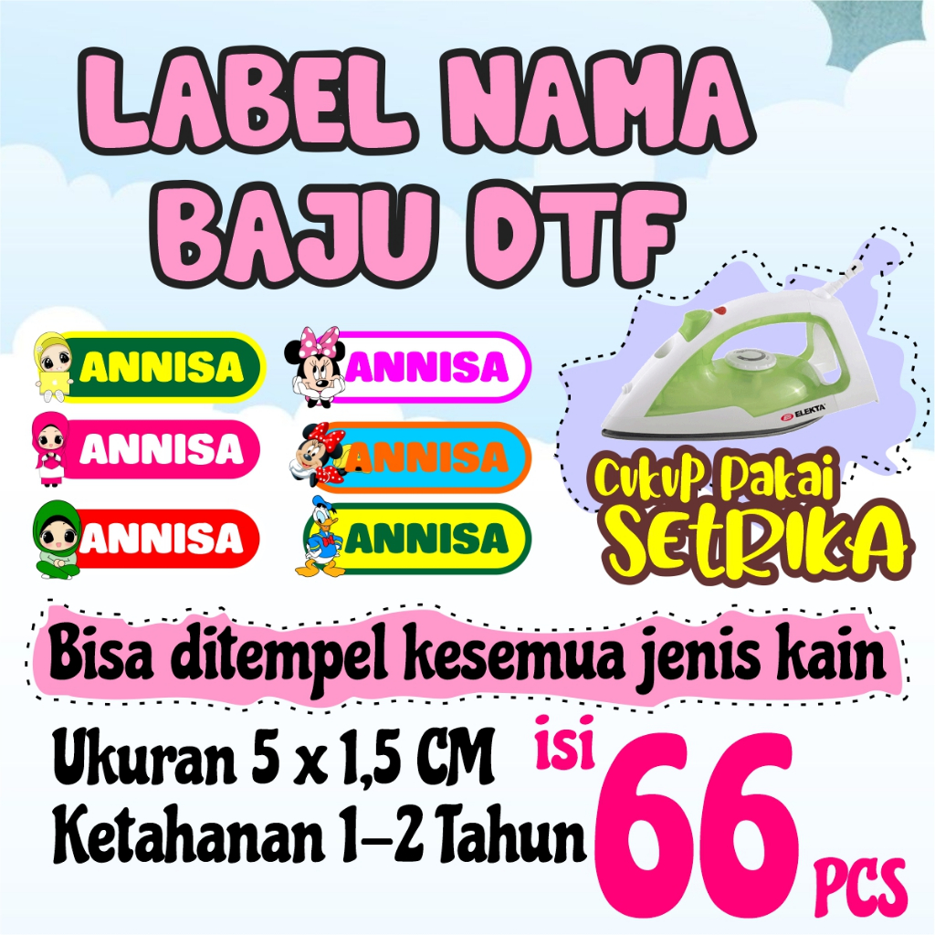 

Costum Label Stiker Nama Untuk Baju atau Segala jenis kain Menggunakan Sablon DTF isi 66pcs