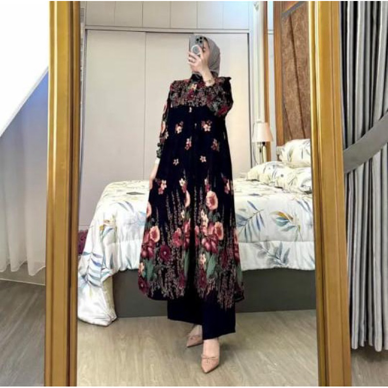 ONE SET ALFINA VIRAL LONG TUNIK RAYON - SETELAN TUNIK RAYON MOTIF BUNGA NEW CELANA CRINKLE PREMIUM -