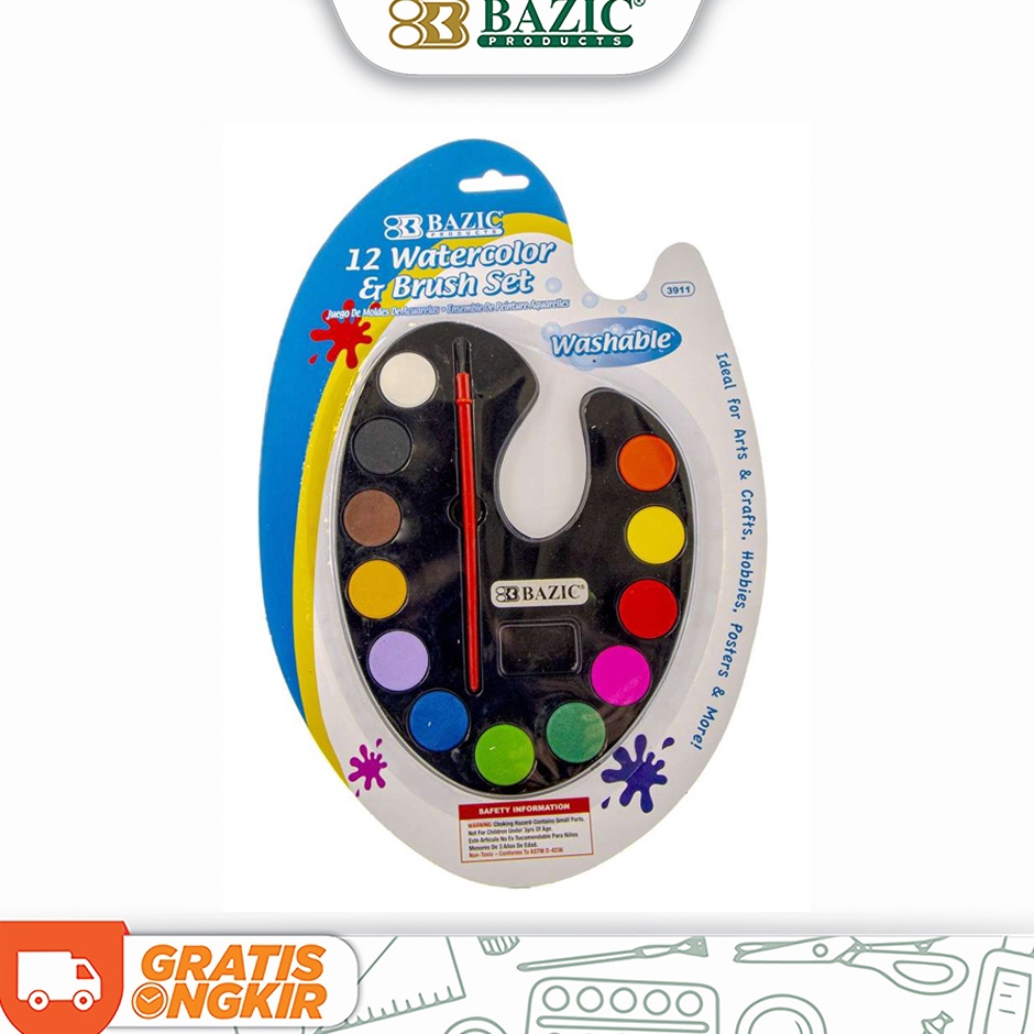

Serbu Untung Bazic Watercolor Paint Cake 12 Colors w Palette Cat Air Padat 12 Warna