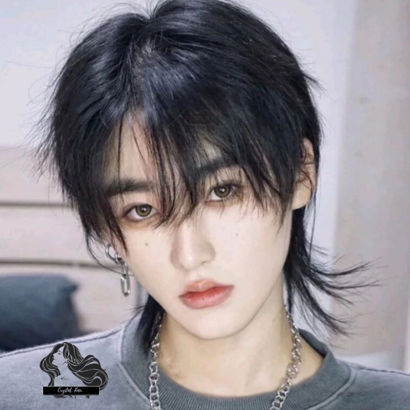 wig pria korea rambut warna hitam poni panjang dan rambut panjang seleher