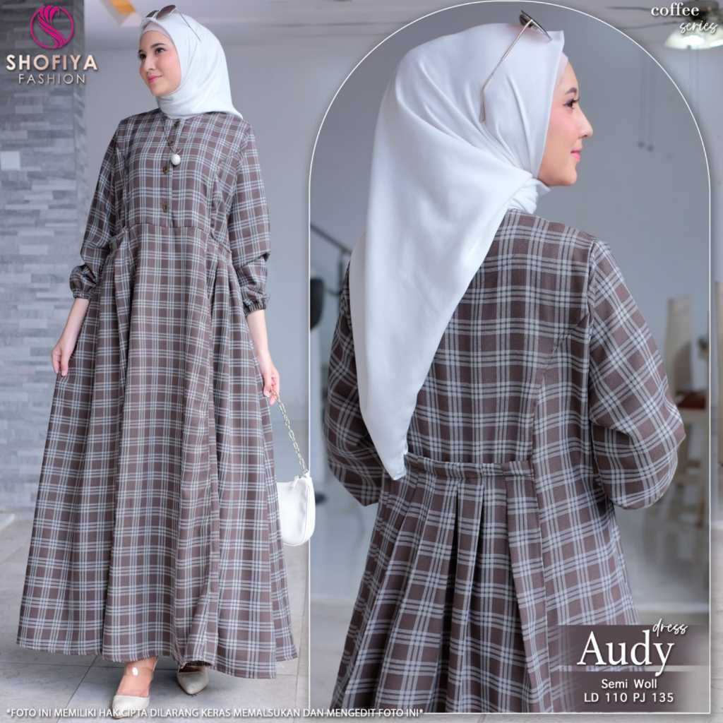 audi dress gamis baju dres maxi jubah wanita remaja xl ld 110 semi wool motif kotak premium terbaru