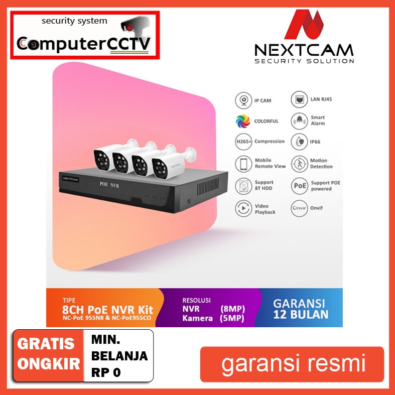 Nextcam Paket cctv POE 8 channel 8MP 4 Kamera 5MP Outdoor Komplit Kabel Tinggal pasang Tanpa perlu k