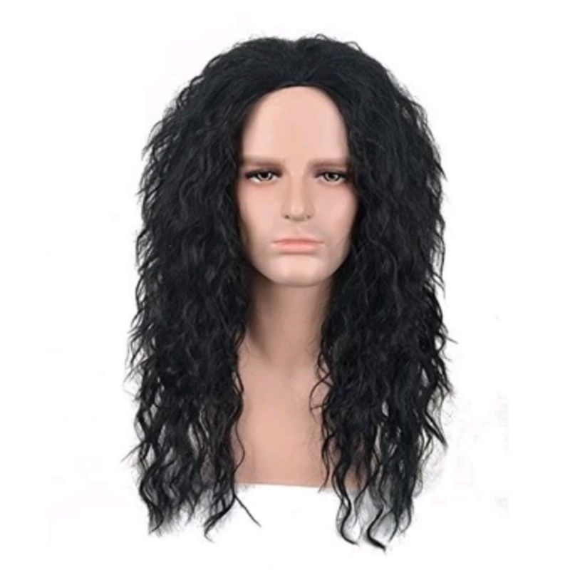 Wig Pria Rambut Kriting Panjang 60 Cm Belahan Tengah Permanen Warna Hitam Natural Rambut Palsu Gondr