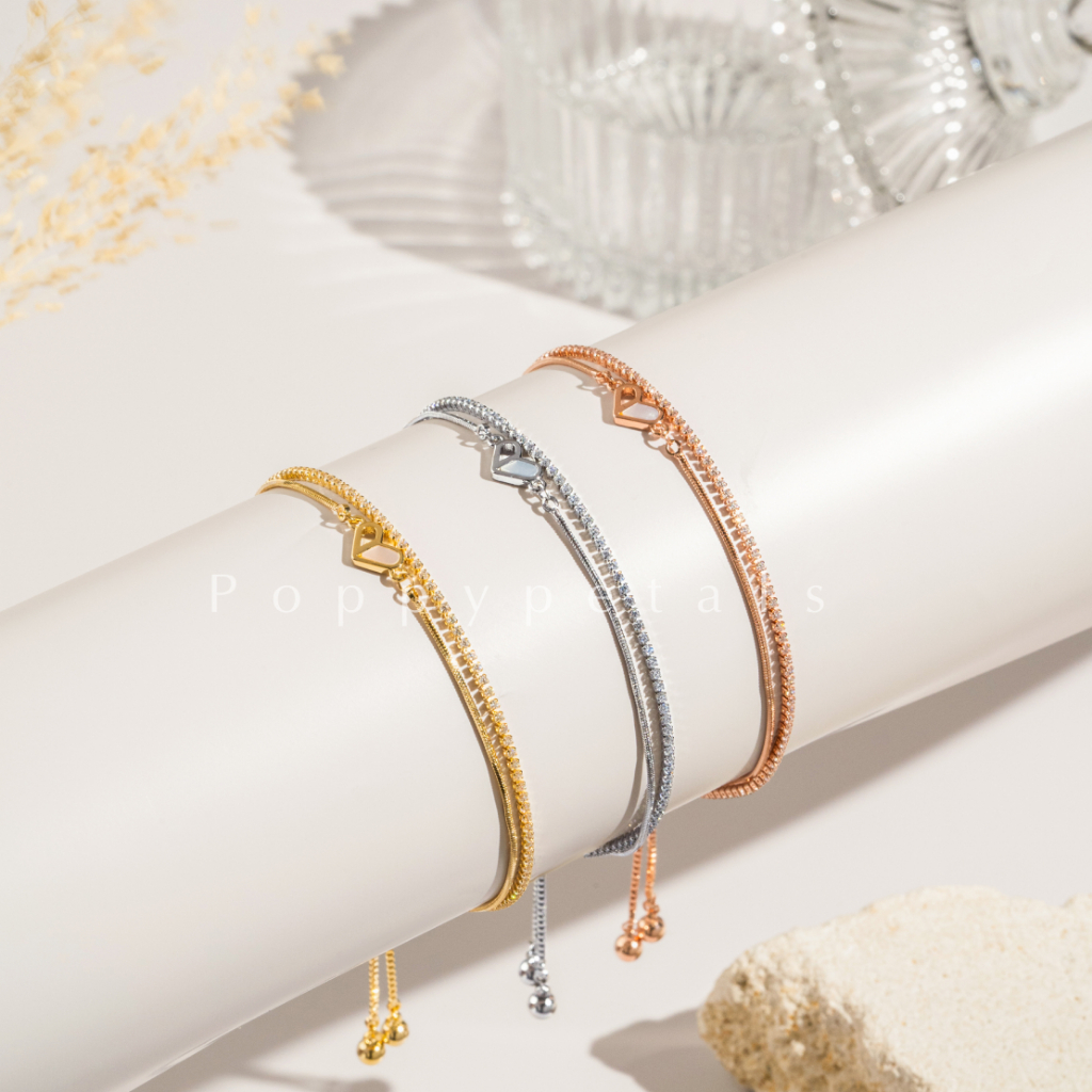 Poppypetals Lovisa Heart Bracelet - Gelang Serut Liontin Hati Dua Layer Anti Karat Lapis Emas