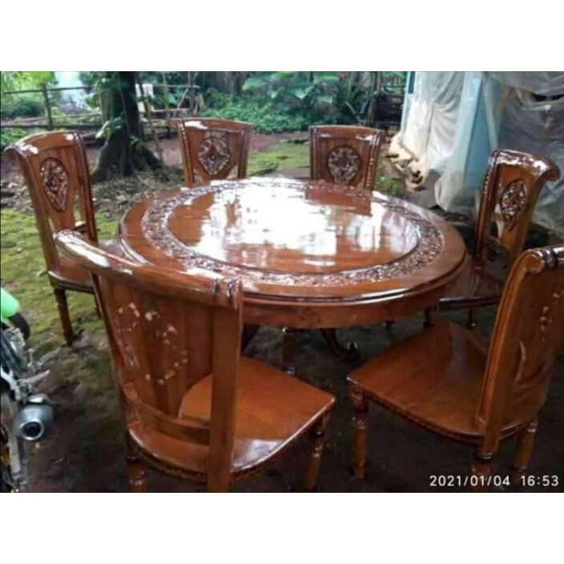 meja makan bundar 6 kursi salina/kursi meja makan bulat 6 kursi ukir jepara