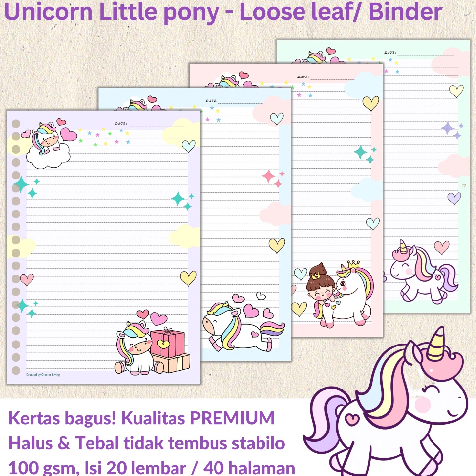 

UNICORN little Pony Loose leaf Isi Kes File binder A5B5 Tebal Refill Map Binder Line Grid Dotted Blank Garis Kotak Titik Polos Color Warna Lucu CHESTER LIVING