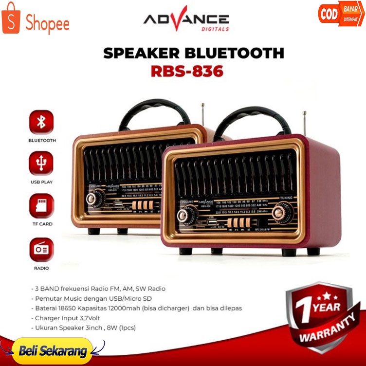 Model Terkini Advance RBS836 Speaker Model Radio Tua Bluetooth Clasic Led Tuning RBS836 terlaris