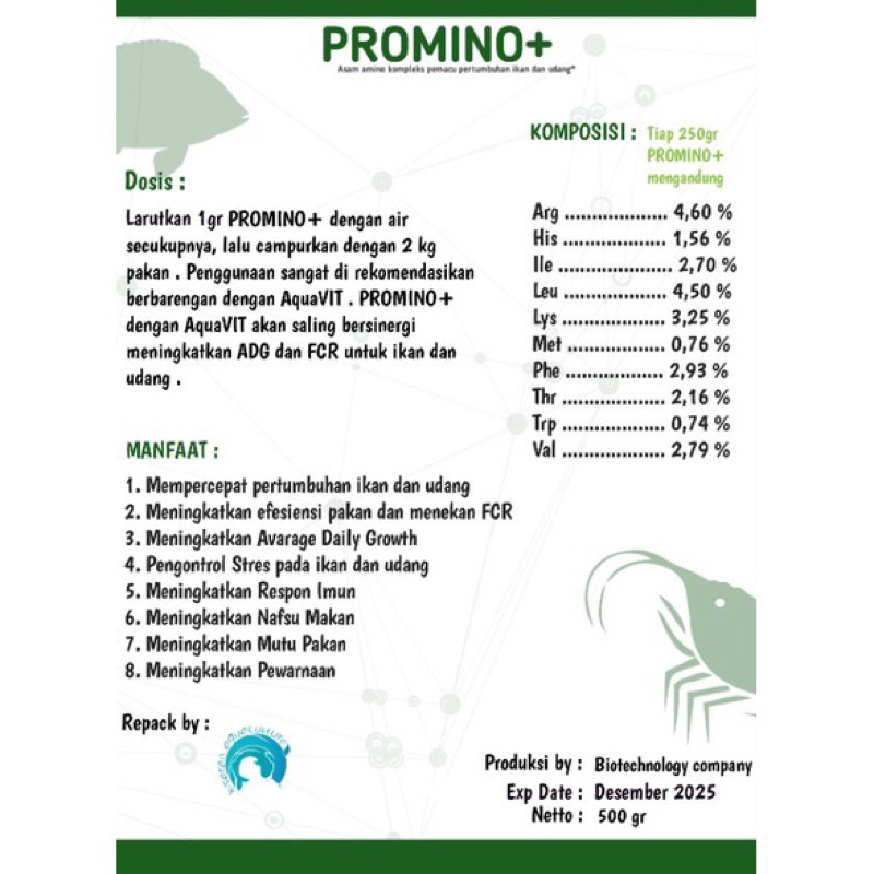 ASAM AMINO ESENSIAL LENGKAP UNTUK IKAN DAN UDANG - PROMINO+ 500GR