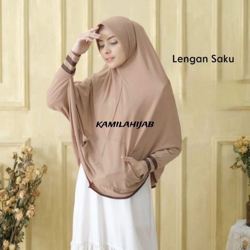 (COD) Jilbab Lengan Saku Hijab Tangan Panjang Kerudung Jumbo Lengan Khimar Syar'i Terbaru Jersey Pre