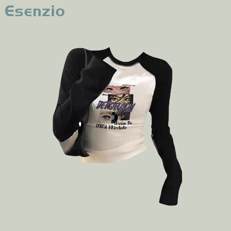 Esenzio crop top t shirt Slimfit  Longsleeve T Shirt  Kaos lengan panjang pendek dengan bahan tambal