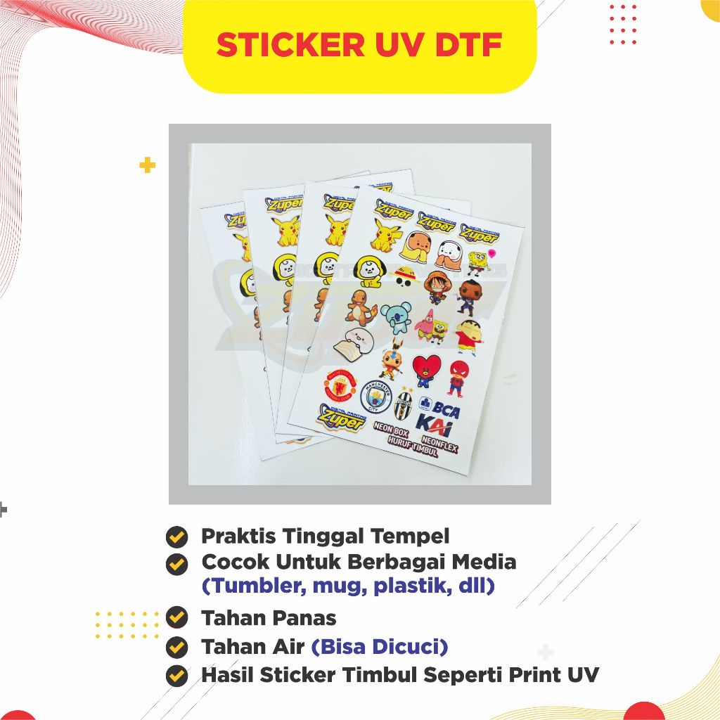 

Cetak Stiker Custom UV DTF Stiker Timbul Tahan Panas Sticker Anti Air High Resolution