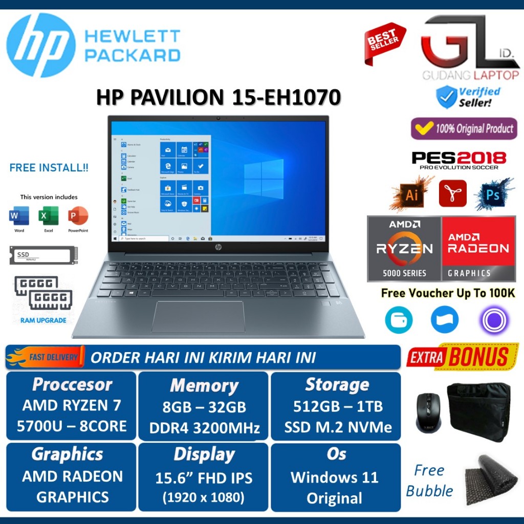 Laptop HP Pavilion 15 AMD Ryzen 7 5700U Ram 32GB Ssd 1TB 15.6FHD IPS W11HOME - BLUE