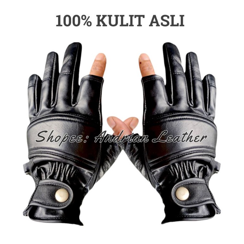 KODE B49F Sarung Tangan Motor Kulit Asli Jari Bolong Gloves Half Finger