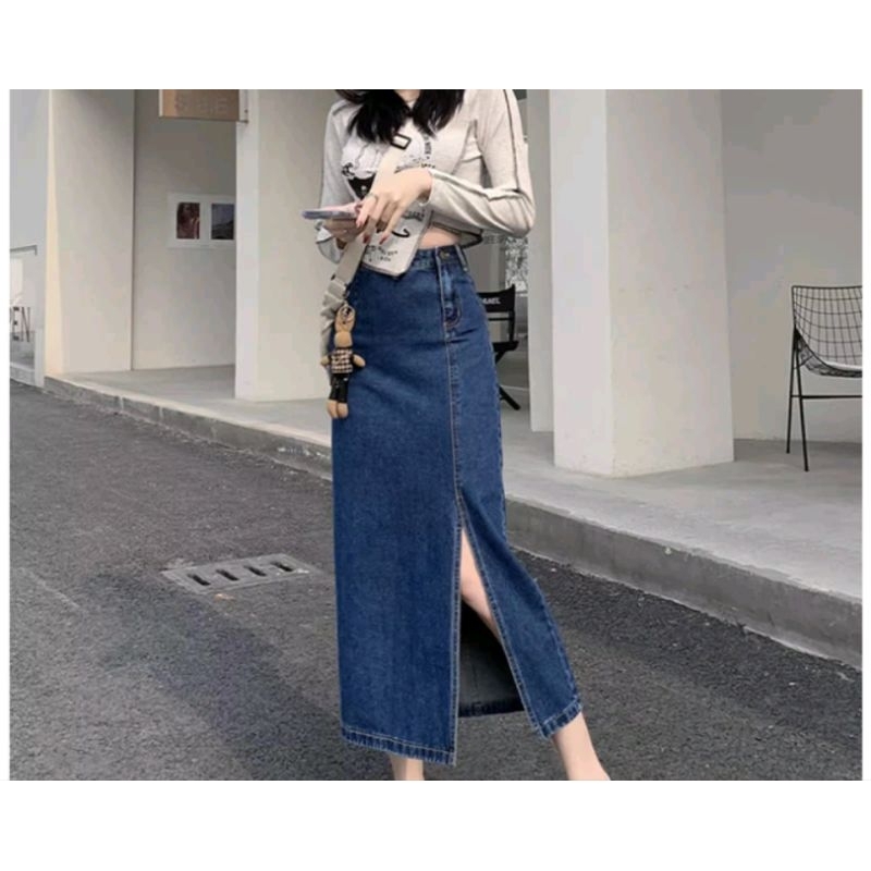 Rok Jeans Split Wanita Gaya Korea // Rok Denim Belahan Samping Kece Terbaru 2024