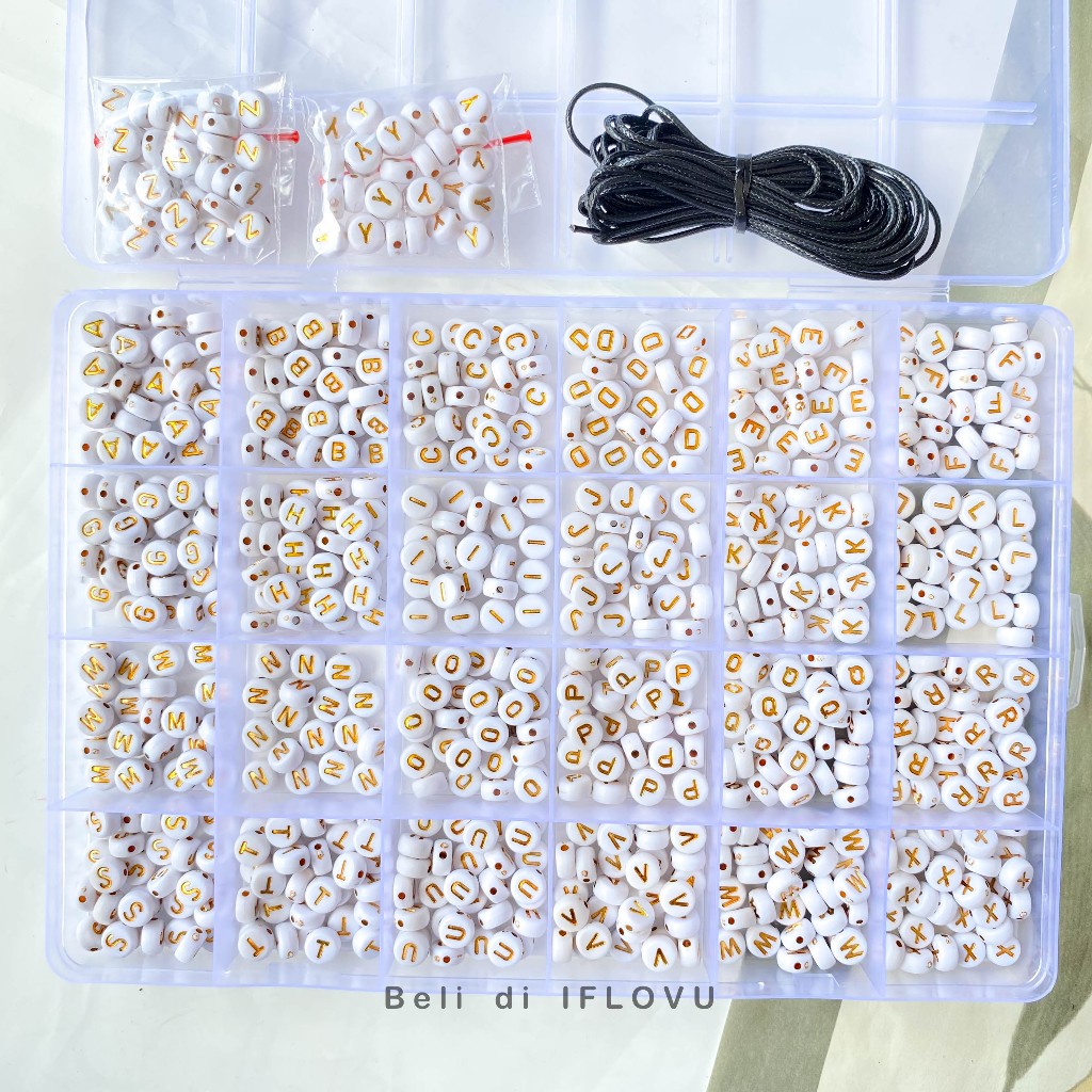 DIY Manik Manik Set Lengkap Huruf A-Z Bonus Tali Gelang Hitam | Manik manik huruf 1 box