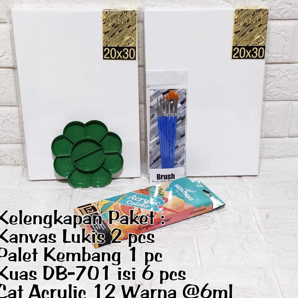 

Readystock Paket Melukis 2 Kanvas Lukis Cat Acrylic 12 warna Kuas dan Palet