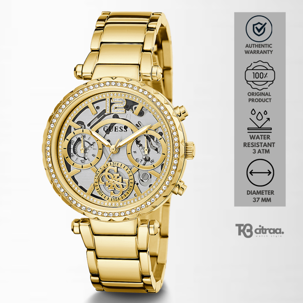Jam Tangan Fashion Wanita Guess Solstice Chronograph Stainless Steel Luxury Watch Gold Mewah Origina