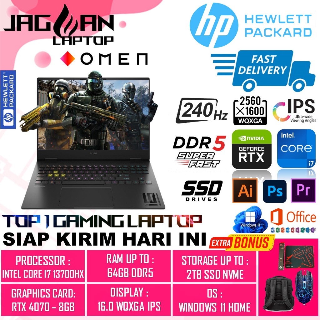 Laptop Gaming Hp Omen Transcend 16 Intel Core i7 13700Hx RTX 4070 64Gb DDR5 2TB Ssd 16.0 Wqxga 240Hz