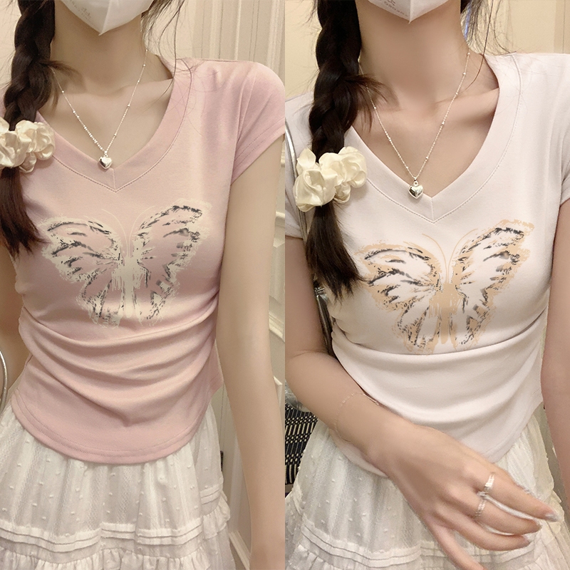 Kaos crop pendek slimfit leher V kupu-kupu mode/baju ketat crop top t shirt Wanita Korean style /baj