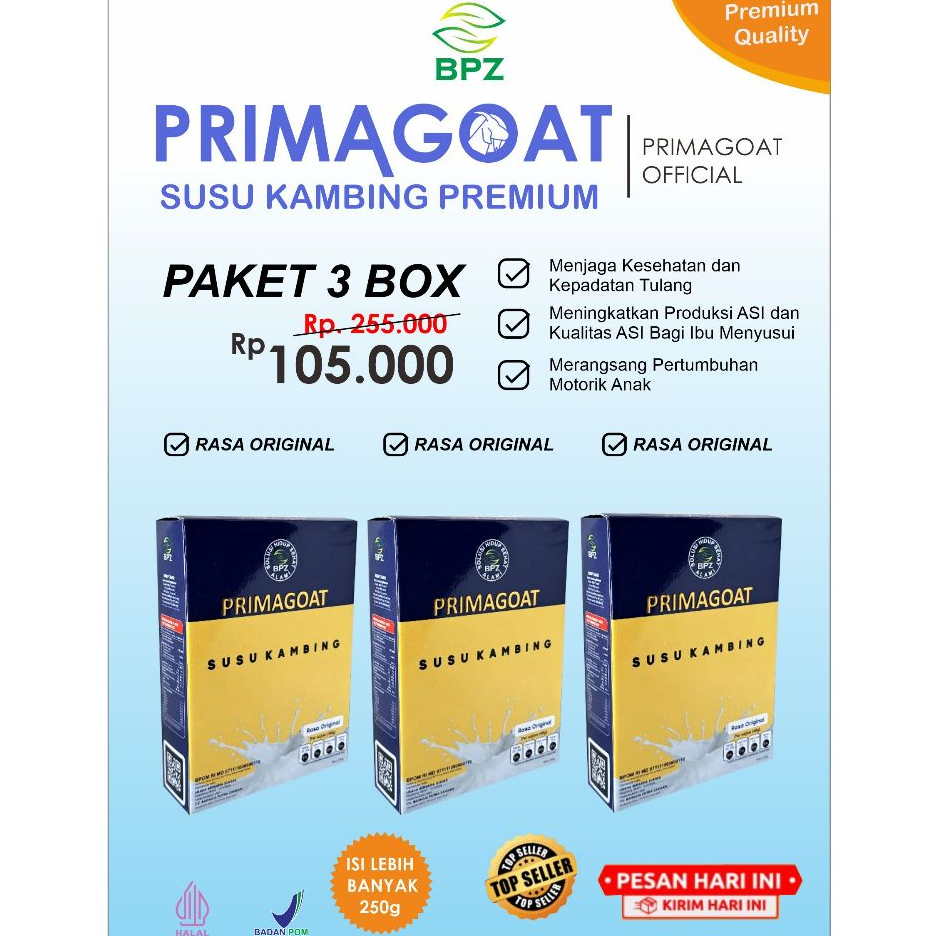 

Susu Kambing Etawa Primagoat Atasi Nyeri Sendi, Asam Urat dan Kesehatan Pernafasan rasa Original 3 Box