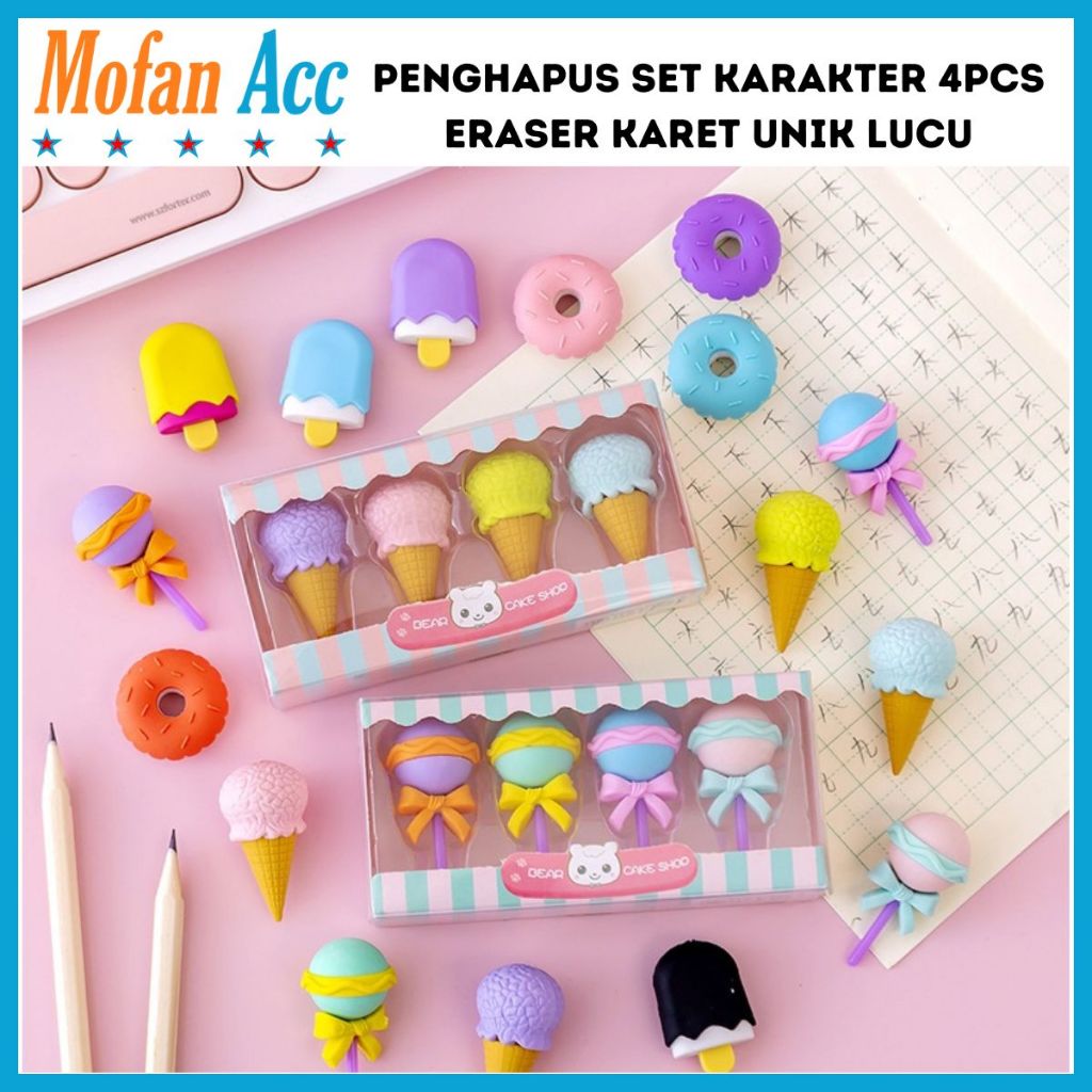 

Penghapus Set Karakter 4pcs / Pengahapus Karet Eraser Bentuk Lolipop Cone Ice Cream Donut Anak Sekolah TK SD SMP SMA Unik Lucu Hadiah Ulang Tahun Warna Warni Macaron Pastel