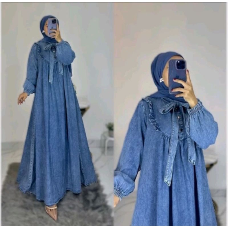 Gamis Jeans ZAHRA Leher Tali Polos Wanita Terbaru || Gamis Busui ||
