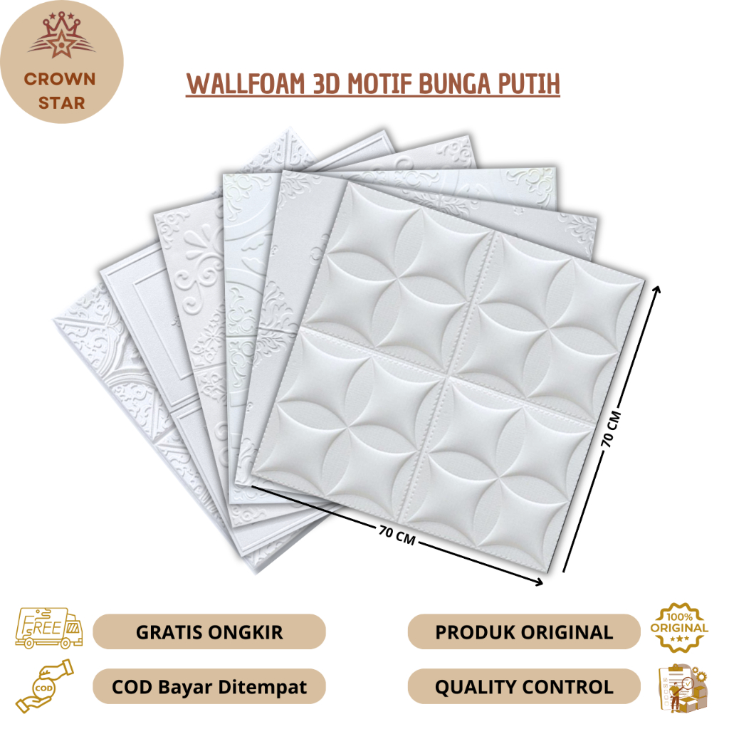 Crown Star - Wallpaper Foam 3D Motif Bunga Putih 70 x 70 CM Tebal 3 MM Wallfoam Dinding Ukiran Bunga