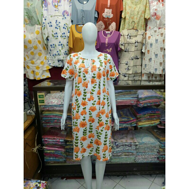 YUMICO Daster Bahan Kaos Premium Bunga Pink Orange Lengan Pendek